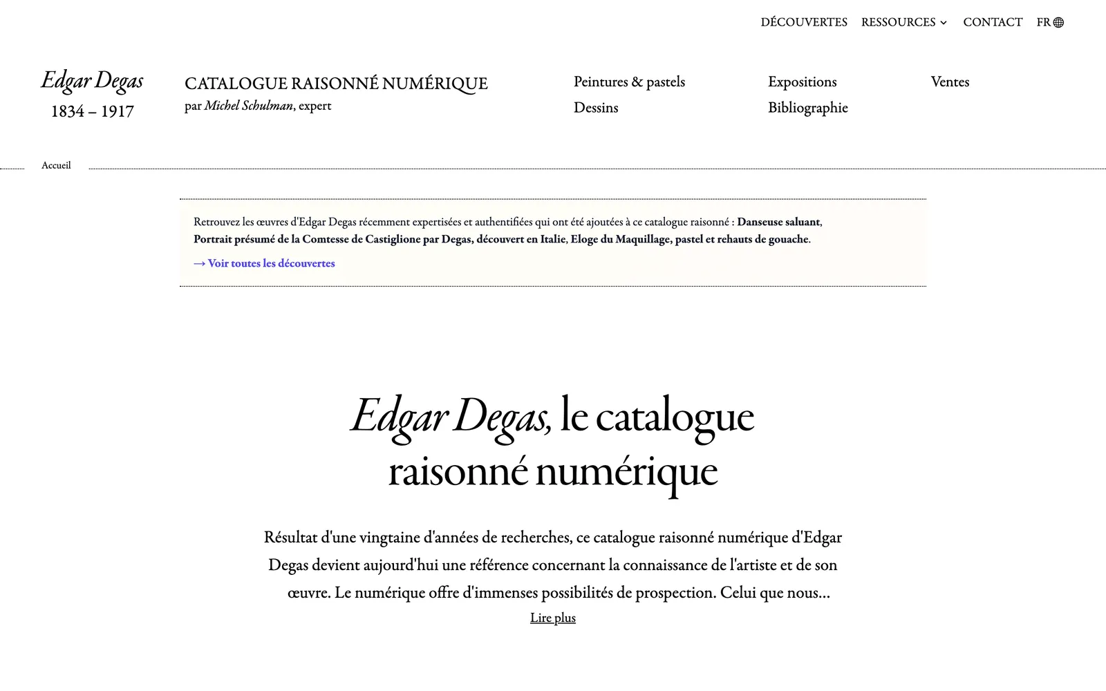 Page d'accueil du site Degas Catalogue, capturée sur ordinateur
