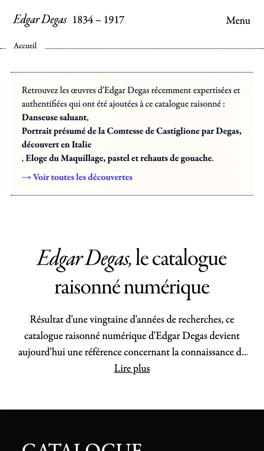 Page d'accueil du site Degas Catalogue, capturée sur mobile